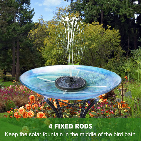 Yzert solar fountain seven nozzles displaying varied spray styles for birdbaths.