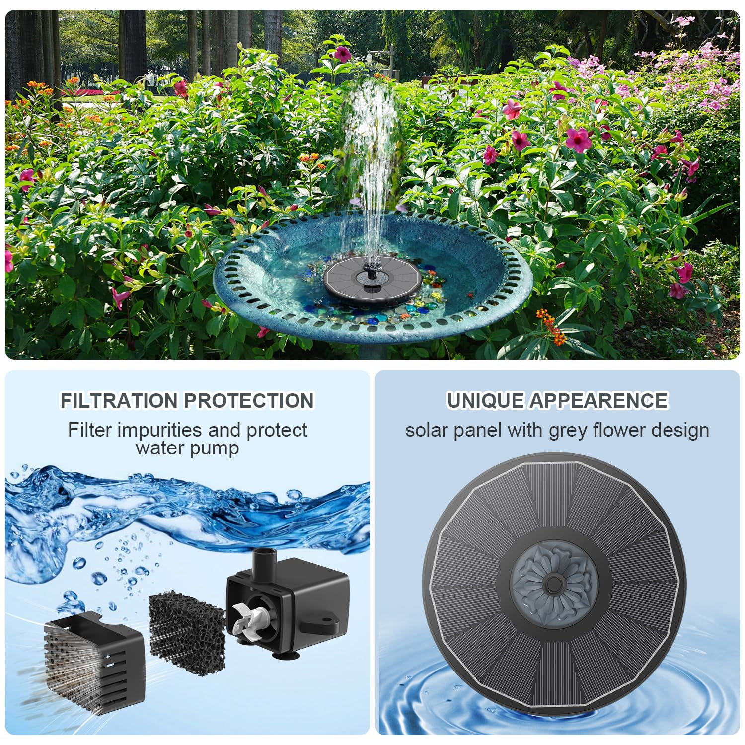 Yzert anti-drift system keeps water fixed and reduces splashes.