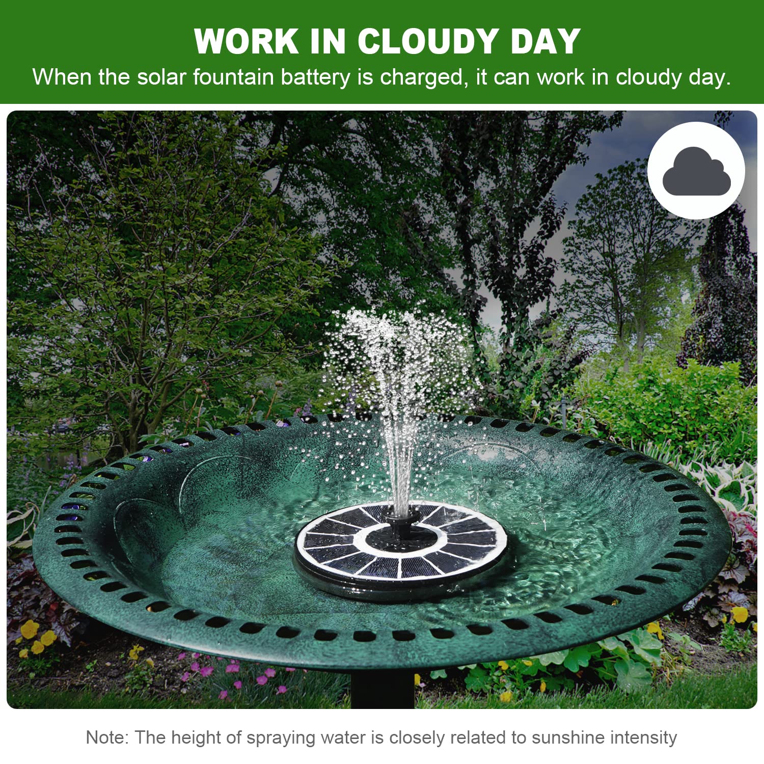 Yzert solar fountain with battery backup keeps working on cloudy days.