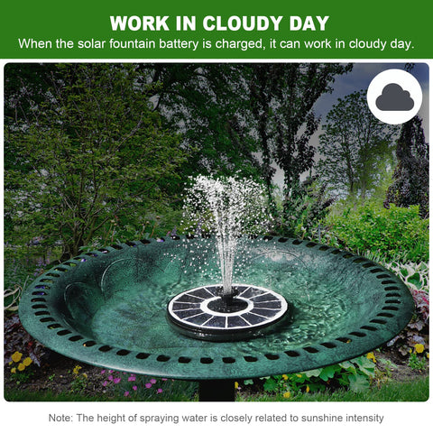 Yzert solar fountain with battery backup keeps working on cloudy days.