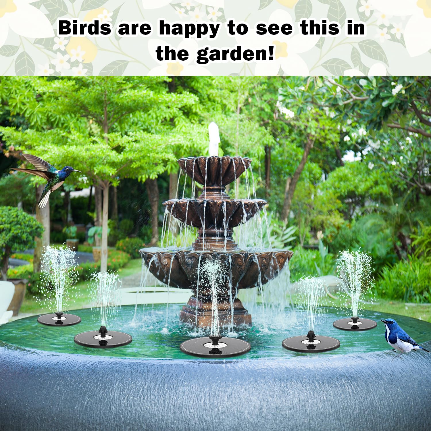 Yzert bird bath fountain assembly with fixed rods for stable outdoor spraying