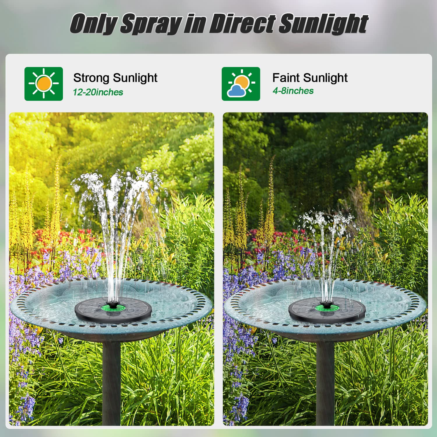 Yzert bird-bath setup showing compact solar fountain in use outdoors.