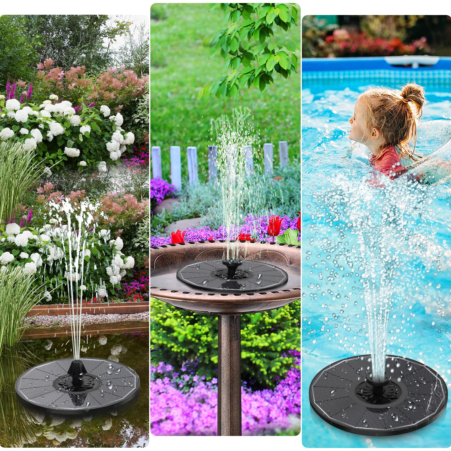 Yzert solar fountain in use over a garden birdbath as a decorative feature.