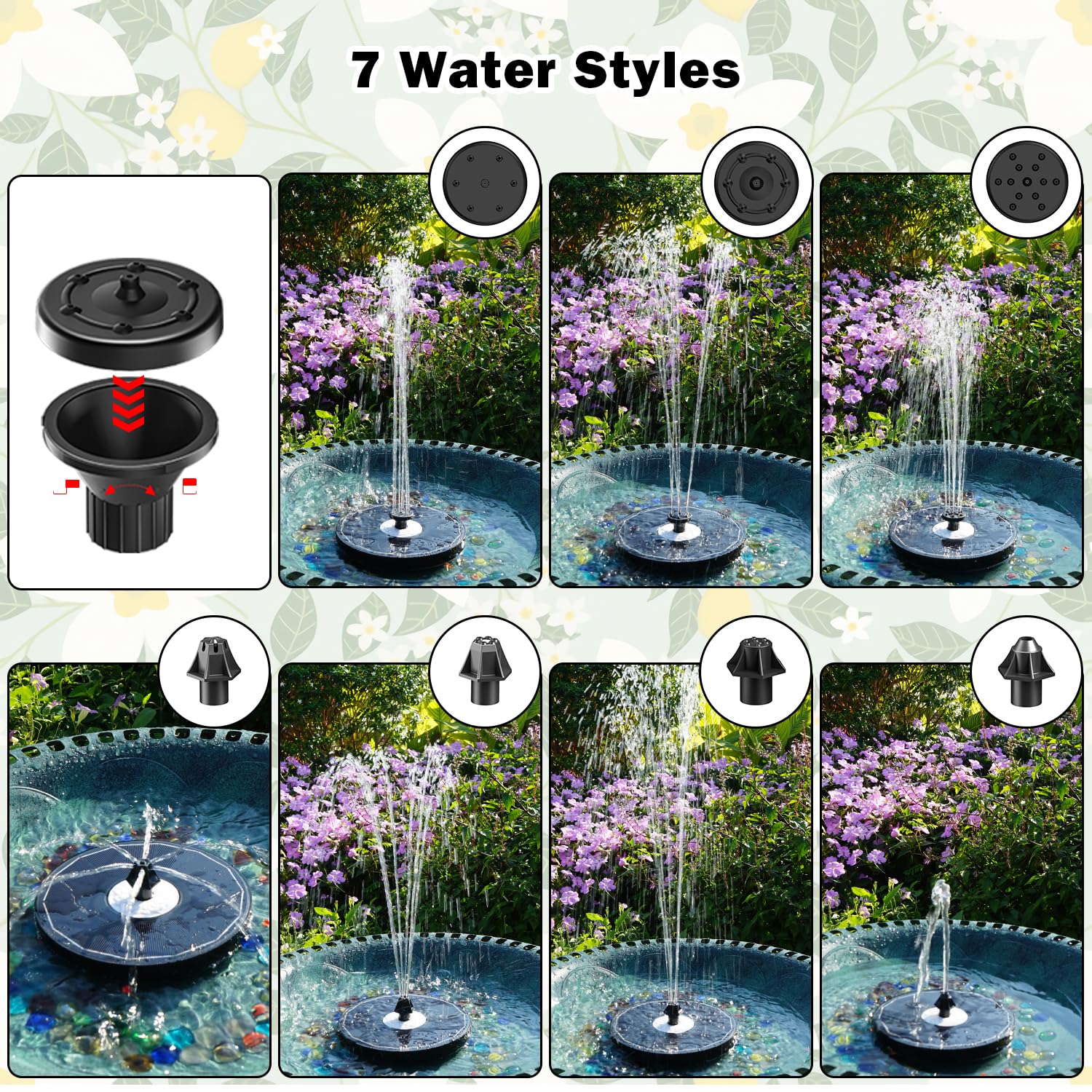 Yzert solar fountain nozzle set offers seven styles for customization