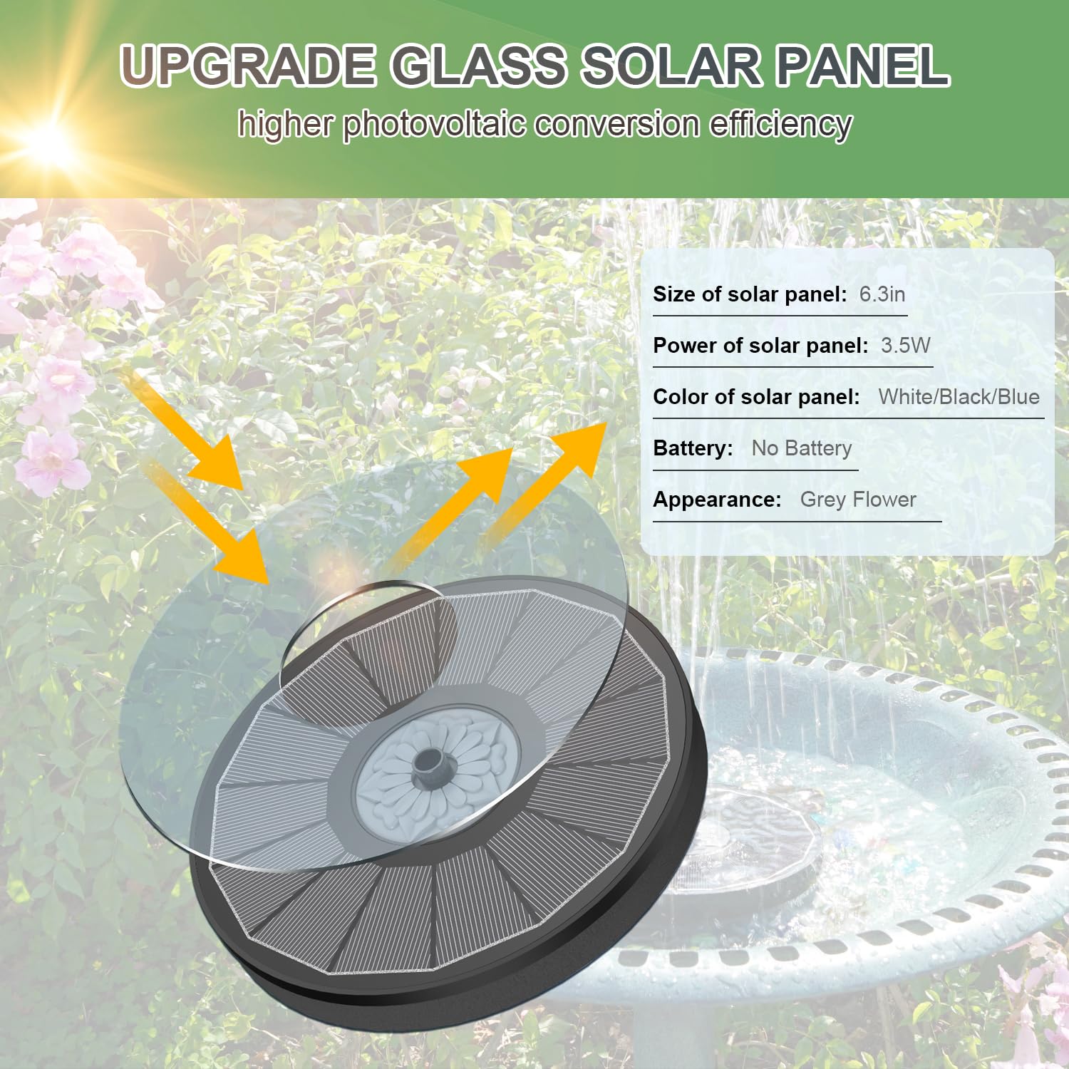 Yzert solar fountain water flow demonstrates steady fountain action in sunlight.