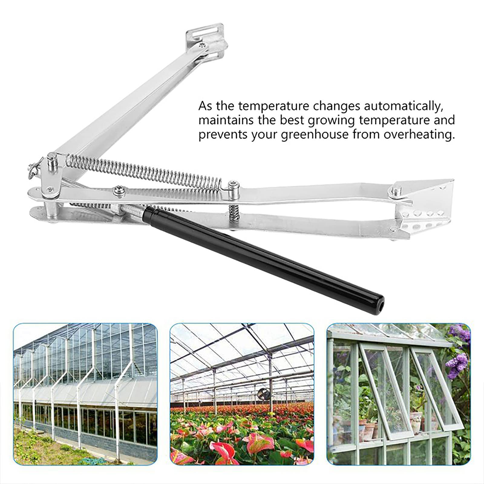 Yziixi greenhouse opener mounting options—frame clamp or screw installation for versatility.