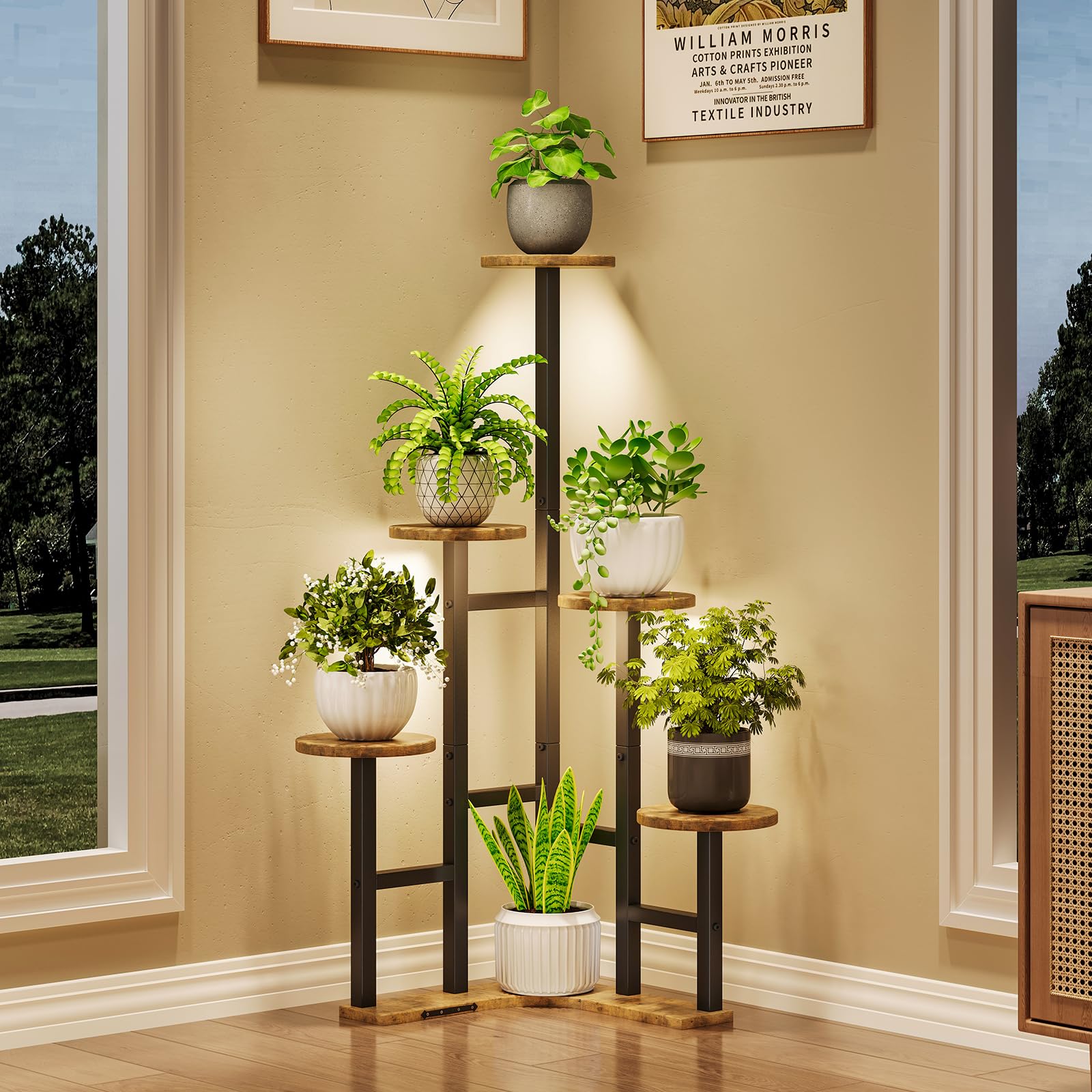 Yzosvki corner plant stand with three grow-light heads for a compact six-plant display
