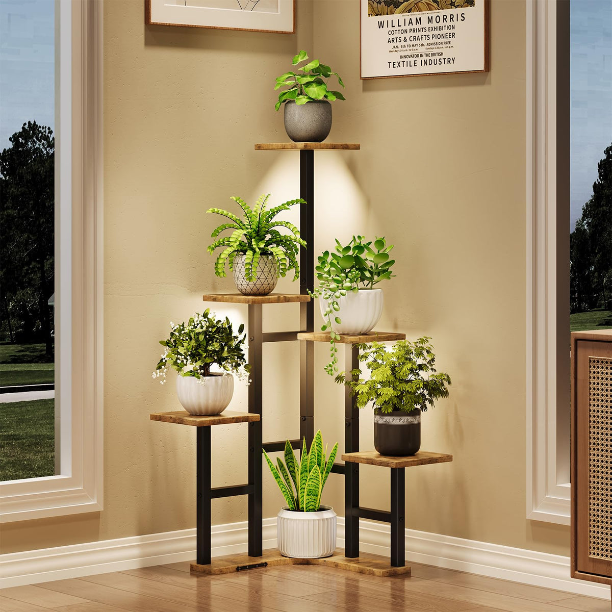 Yzosvki corner plant stand with grow lights, front view for space-efficient indoor display.