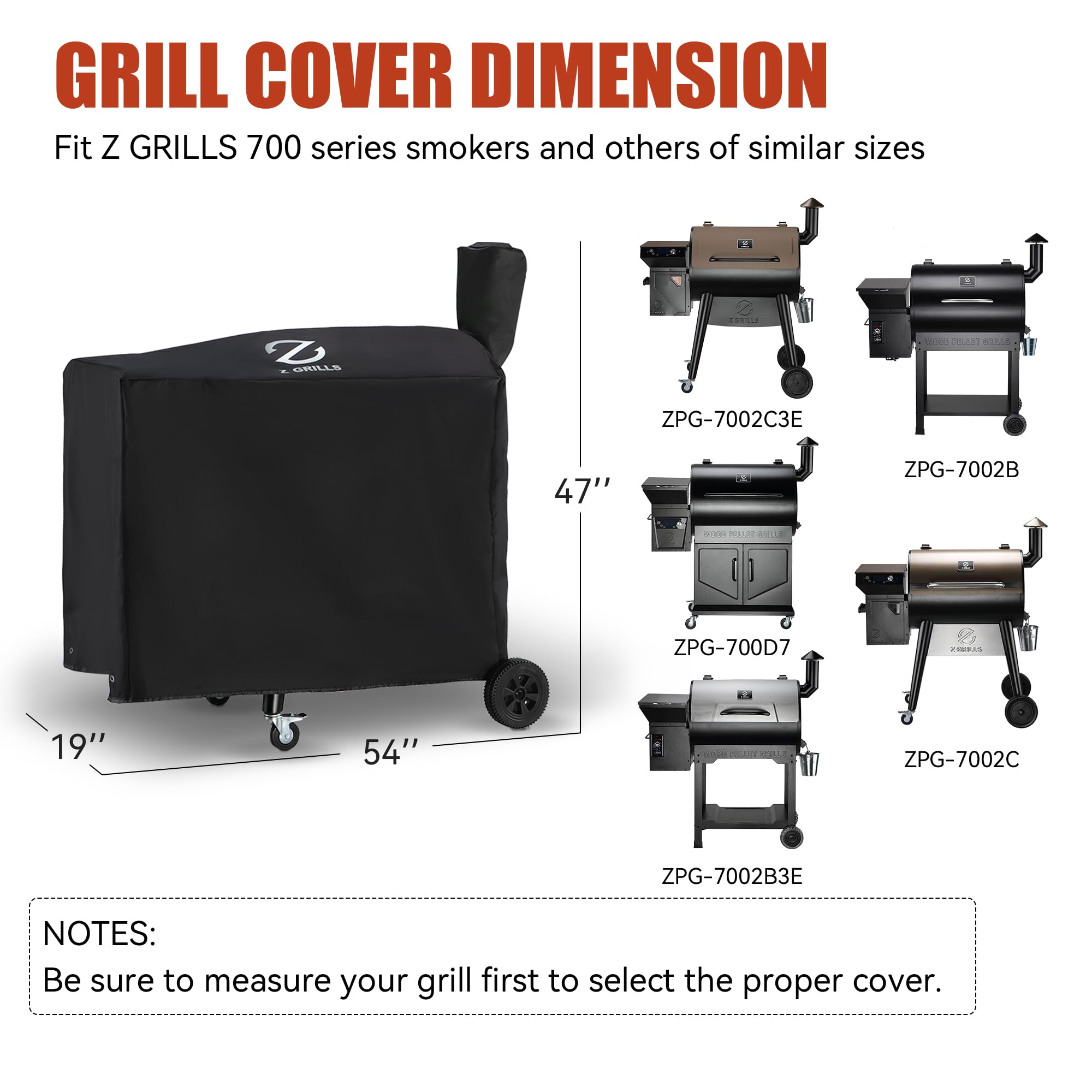 Z GRILLS 700-series pellet grill cover side view highlights weatherproof, heavy-duty fabric for outdoor use.