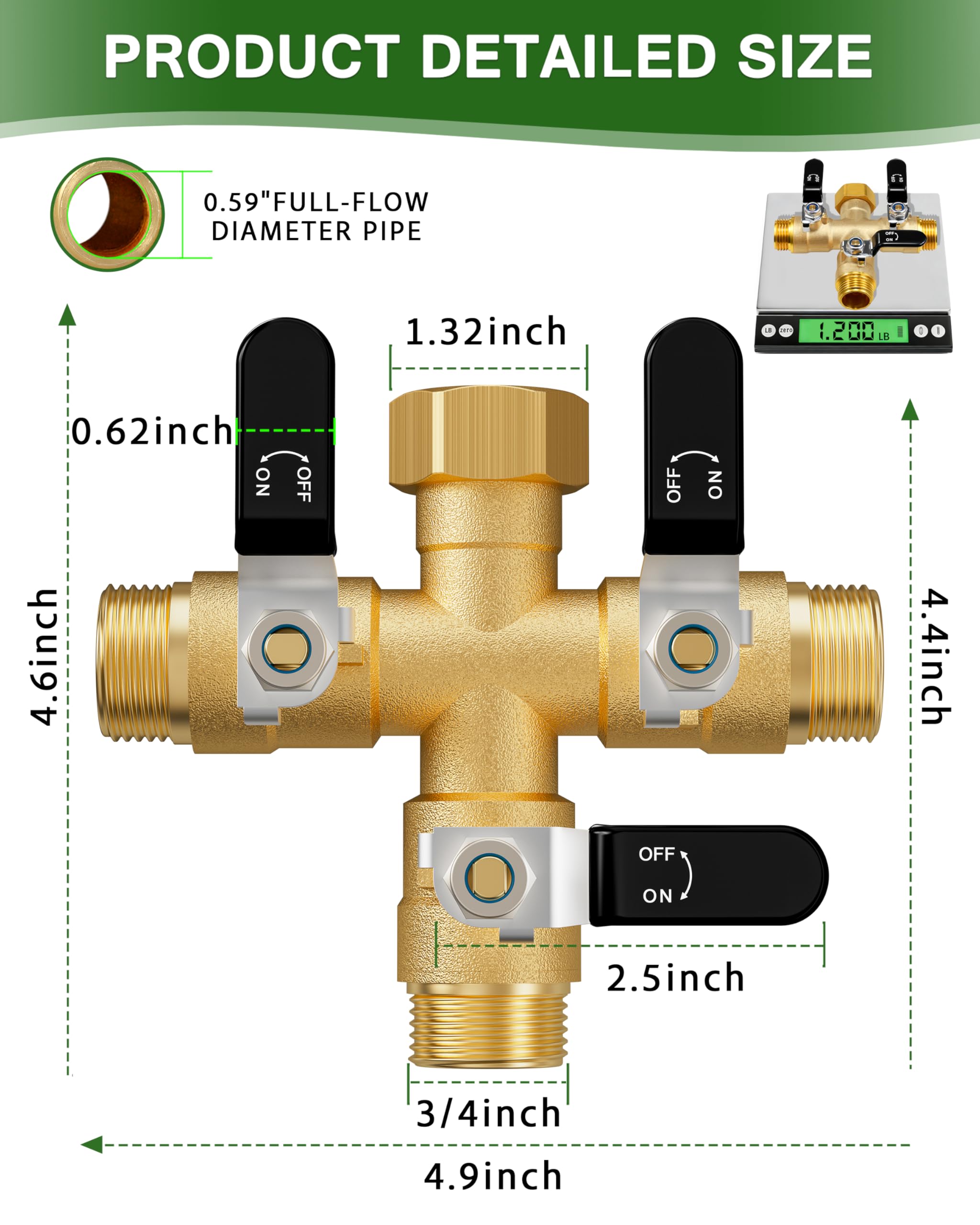 ZaakWang brass hose splitter side view showing the ergonomic handle