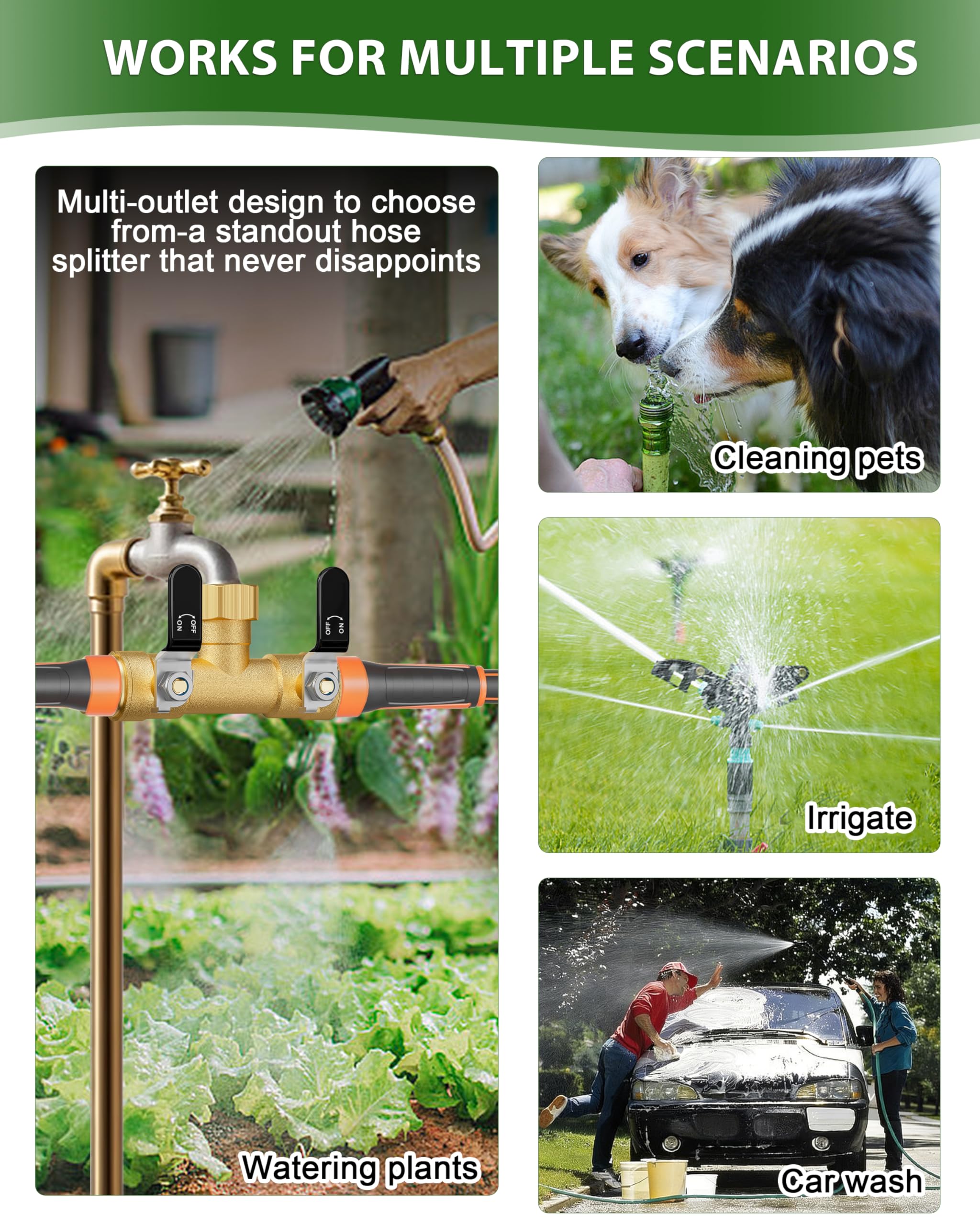 ZaakWang dual-outlet splitter promotes efficient watering across garden tasks.