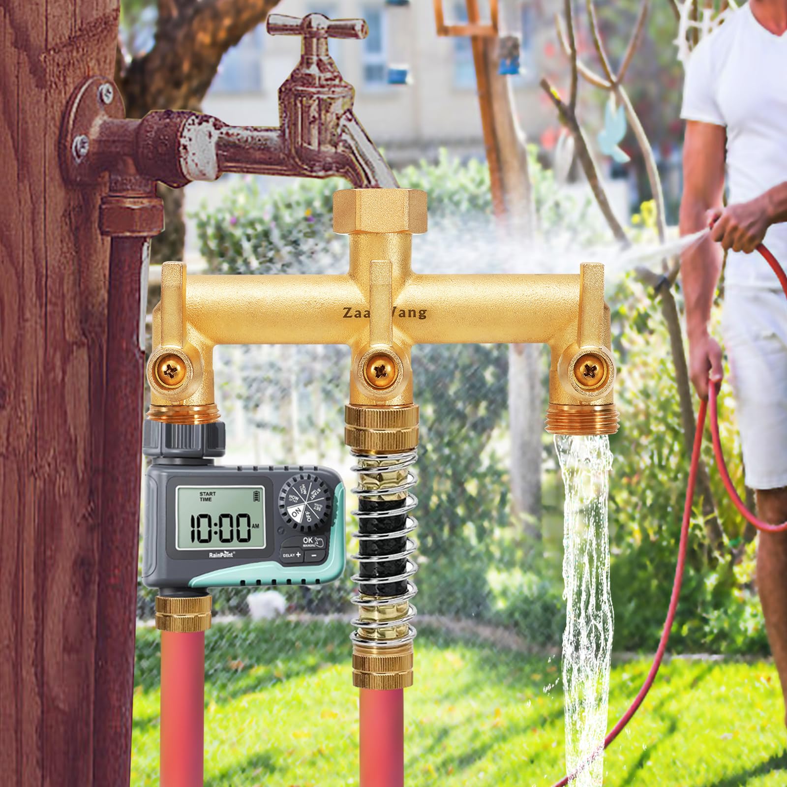 ZaakWang 3-way splitter enabling water distribution to multiple areas.