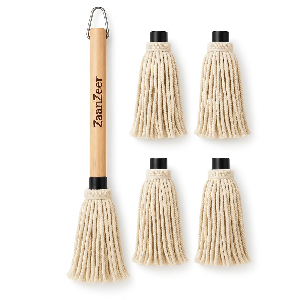 ZaanZeer BBQ Mop Brush shows 18-inch handle for safe, long reach across a grill.