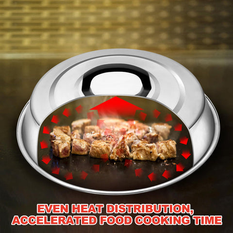 Zacfton multi-use dome on a flat top grill, prevents oil splatter.