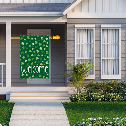 ZAEW Burlap yard flag in green shamrocks enhances outdoor garden decor.