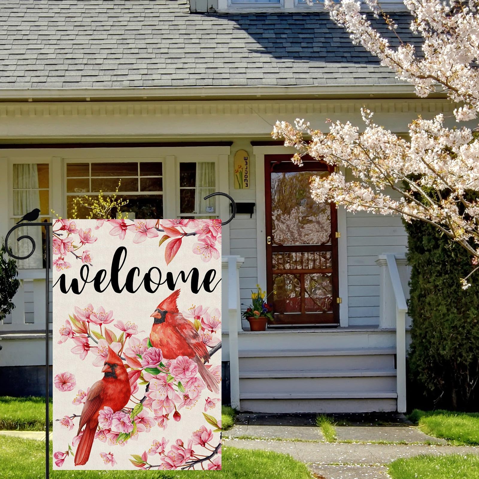 ZAEW cherry blossom flowers garden flag adds colorful seasonal charm to yards.