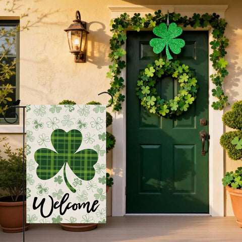 ZAEW garden flag front view shows vibrant shamrock pattern