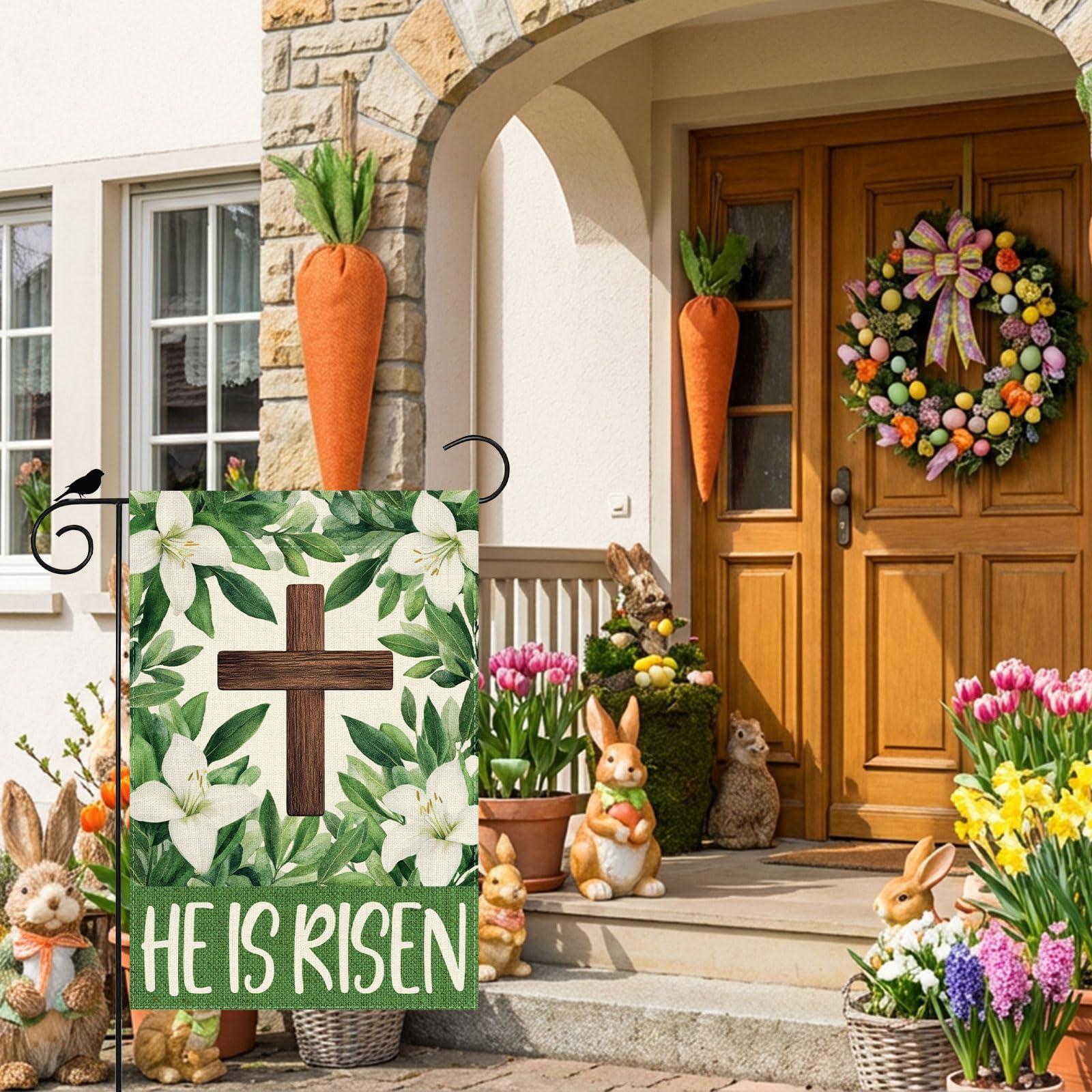 ZAEW He is Risen cross lily Easter flag back view showing double-sided visibility
