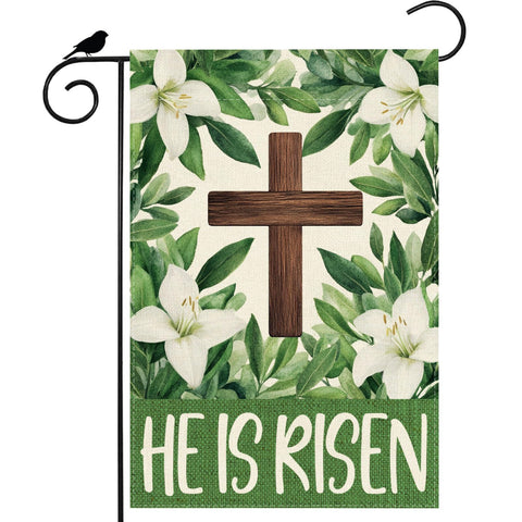 ZAEW He is Risen cross lily Easter flag front view with vibrant outdoor colors