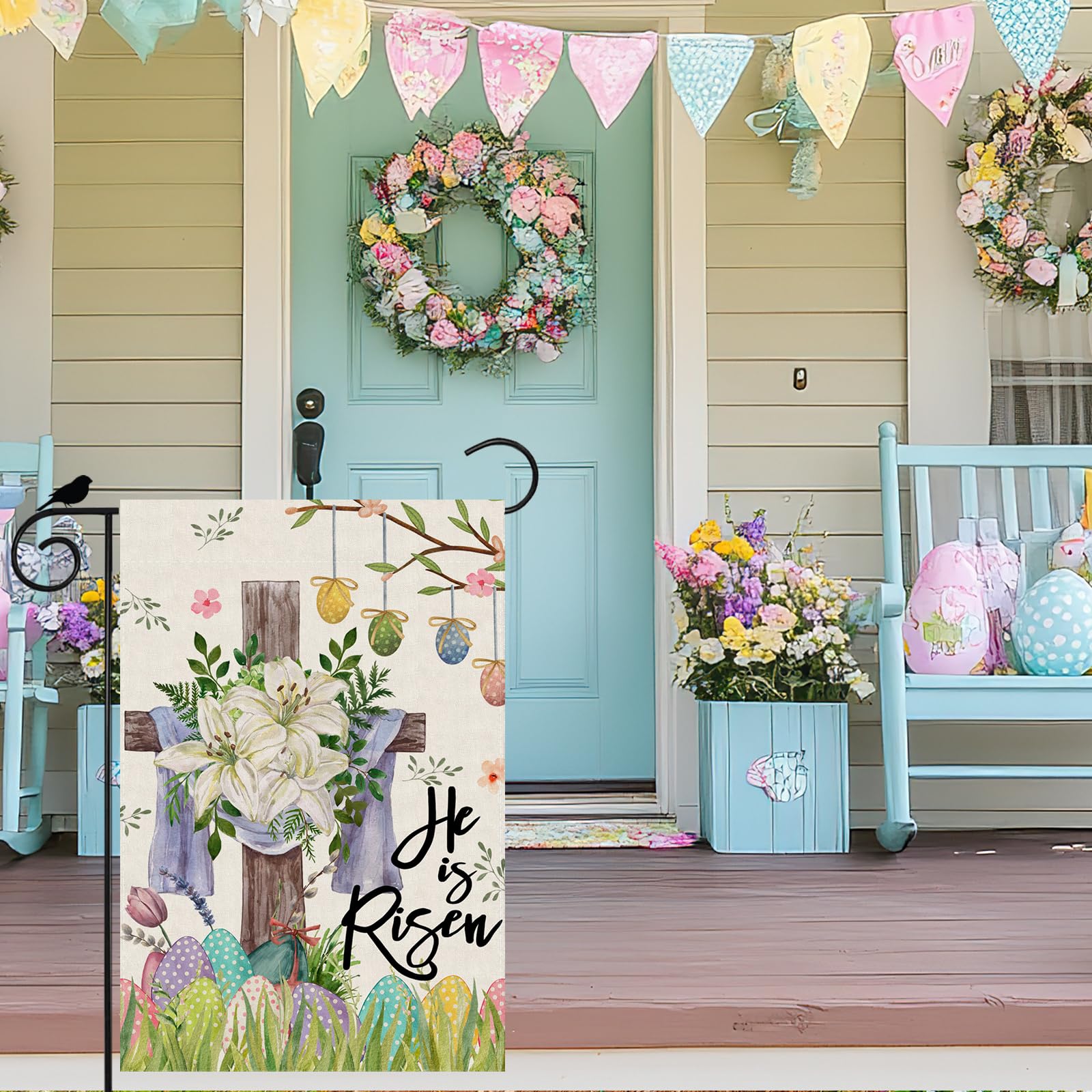 ZAEW He is Risen Easter flag with colorful eggs for festive yard decoration.