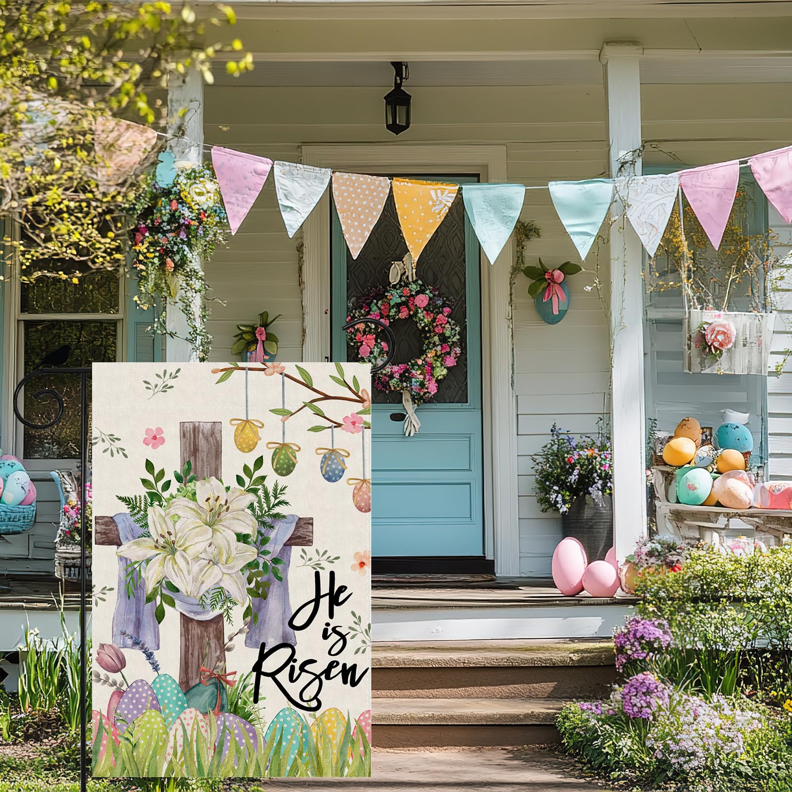 ZAEW He is Risen Easter flag with grass pattern adds seasonal ambiance to outdoor spaces.