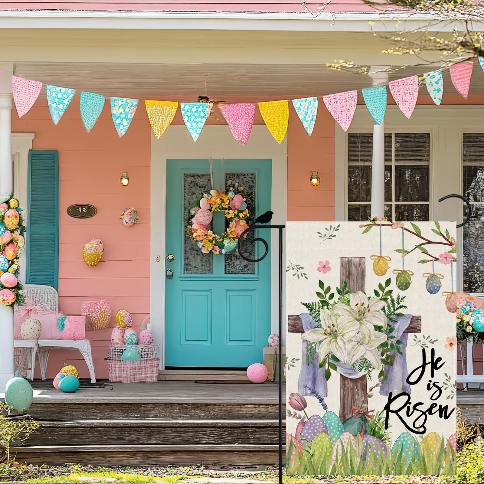 ZAEW He is Risen Easter flag features lilies and grass for garden charm.