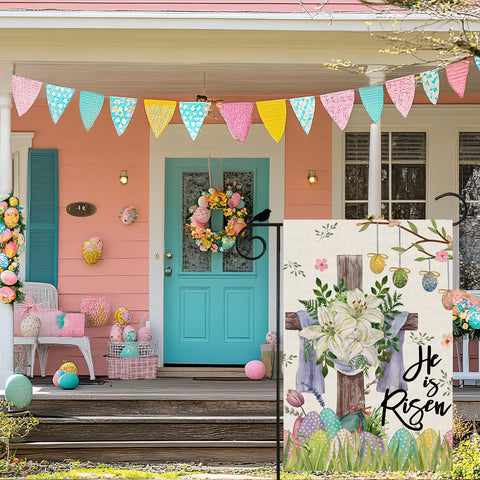ZAEW He is Risen Easter flag features lilies and grass for garden charm.