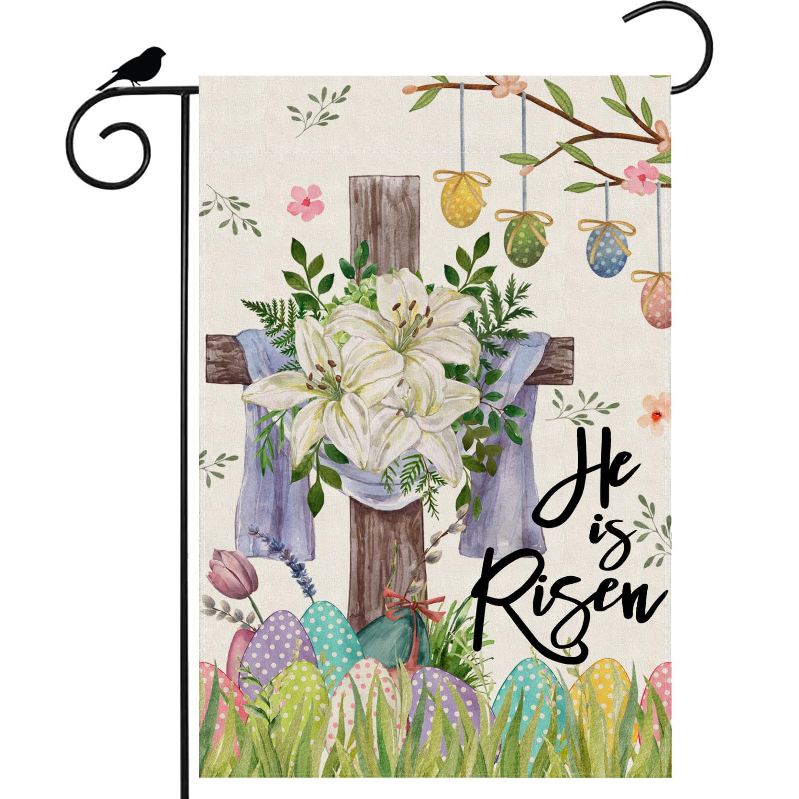 ZAEW He is Risen Easter watercolor cross flag with vivid cross artwork for outdoor display.