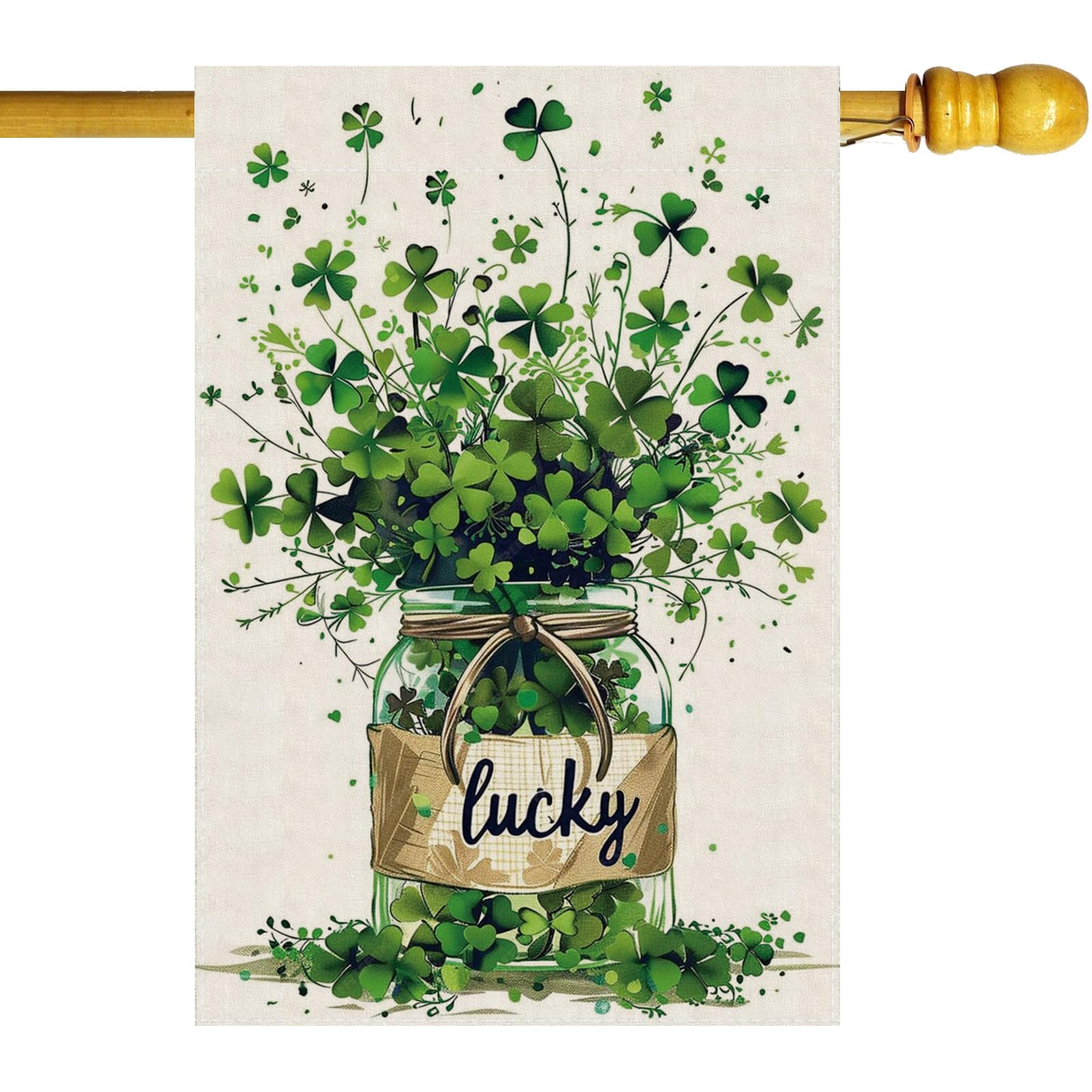 ZAEW Lucky St. Patrick's flag close-up shows shamrocks with durable burlap texture.