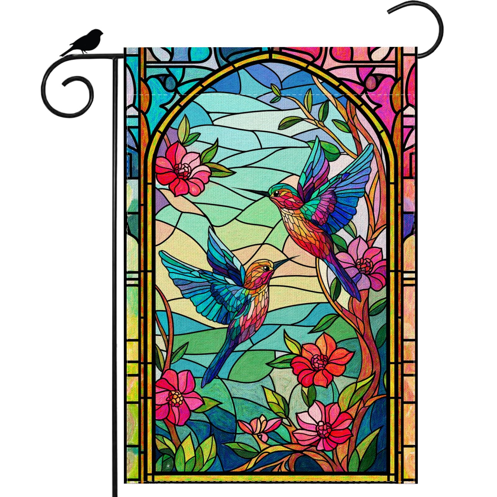 ZAEW flag front view displays stained glass hummingbird motif to brighten outdoor spaces.