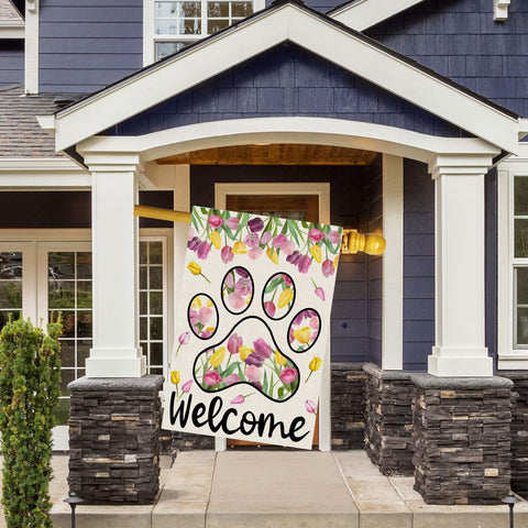 Vibrant tulips and playful paw print brighten outdoor spaces with spring vibes.