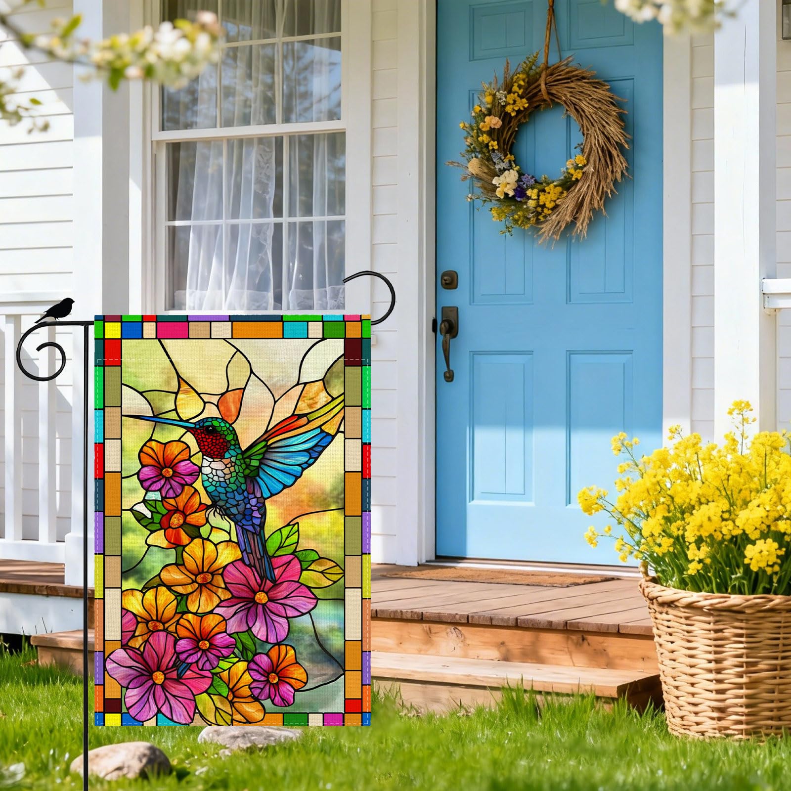 ZAEW stained-glass garden flag showcases vivid colors in sunlight.