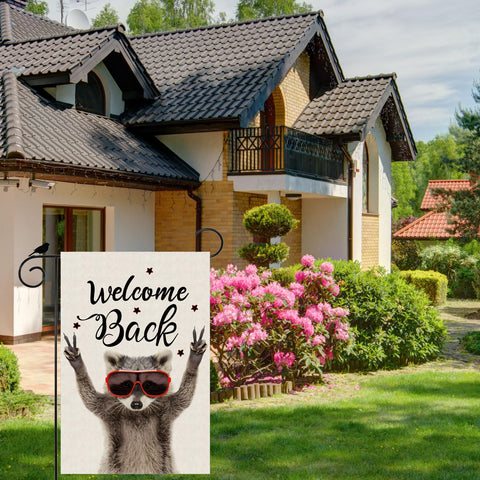 ZAEW Welcome Back Raccoon flag double-sided design visible from both sides.