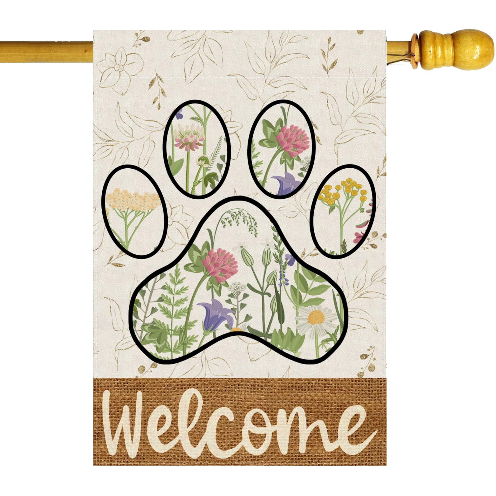 ZAEW Welcome dog paw flag front view with vibrant spring colors for curb appeal.