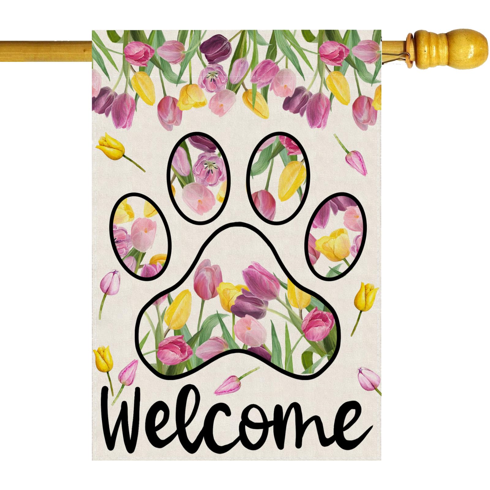 ZAEW Welcome dog paw tulips flag in burlap adds rustic curb appeal to your yard.