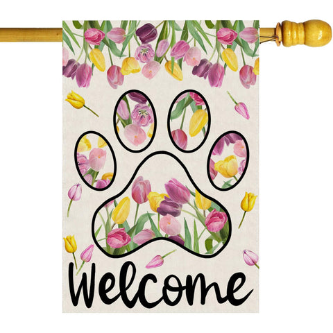 ZAEW Welcome dog paw tulips flag in burlap adds rustic curb appeal to your yard.