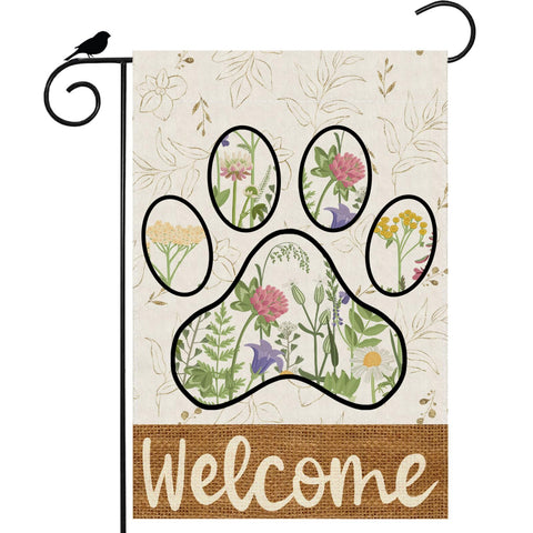 ZAEW Welcome dog paw wildflowers flag displayed outdoors for vibrant curb appeal.