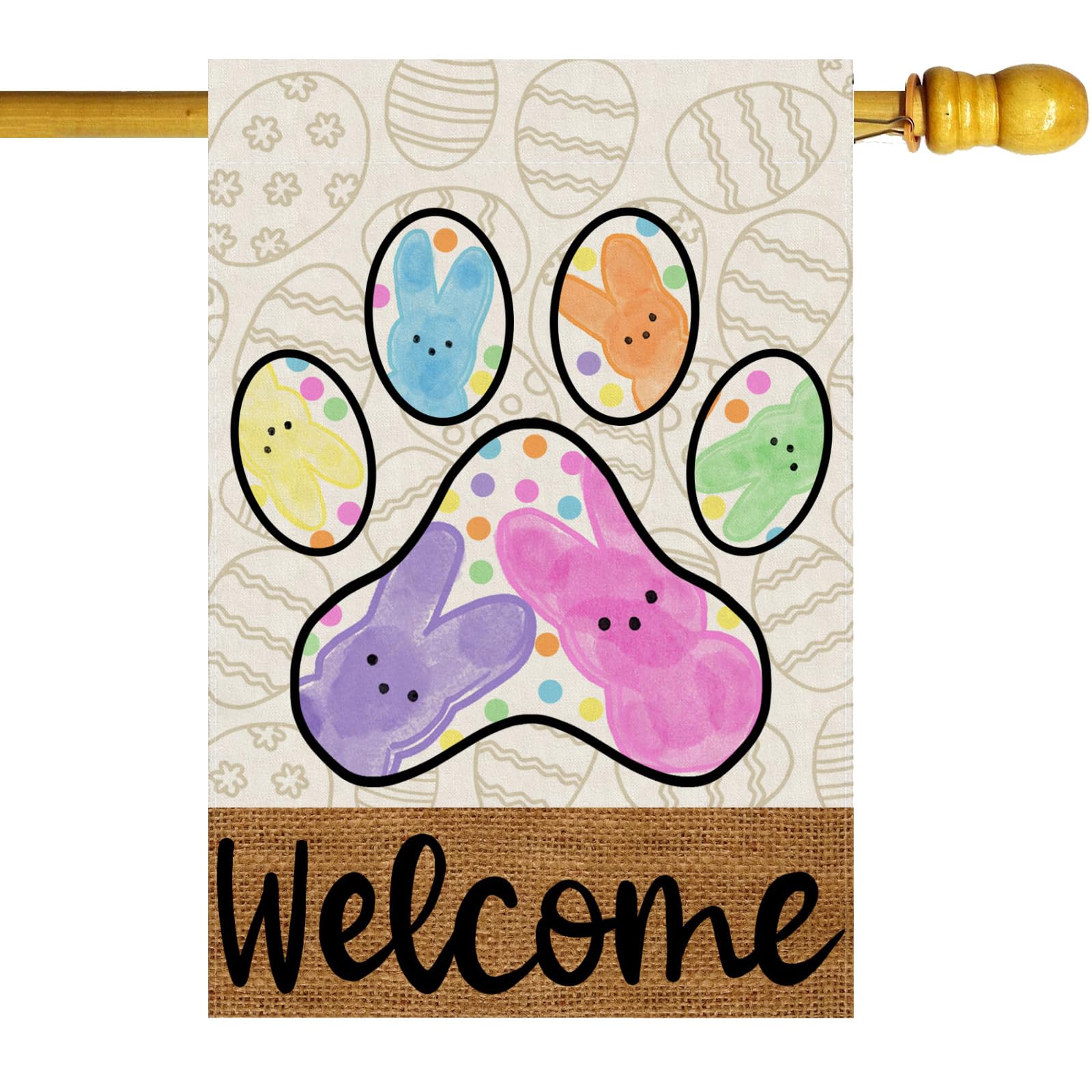 ZAEW Welcome Easter dog paw flag with vibrant colors for outdoor garden decor.