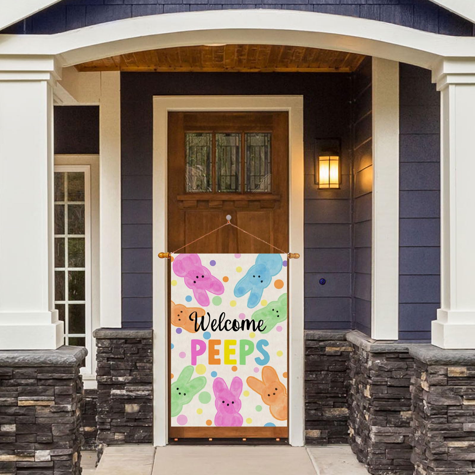 ZAEW Welcome Easter flag back view adds cohesive outdoor decor from all angles.