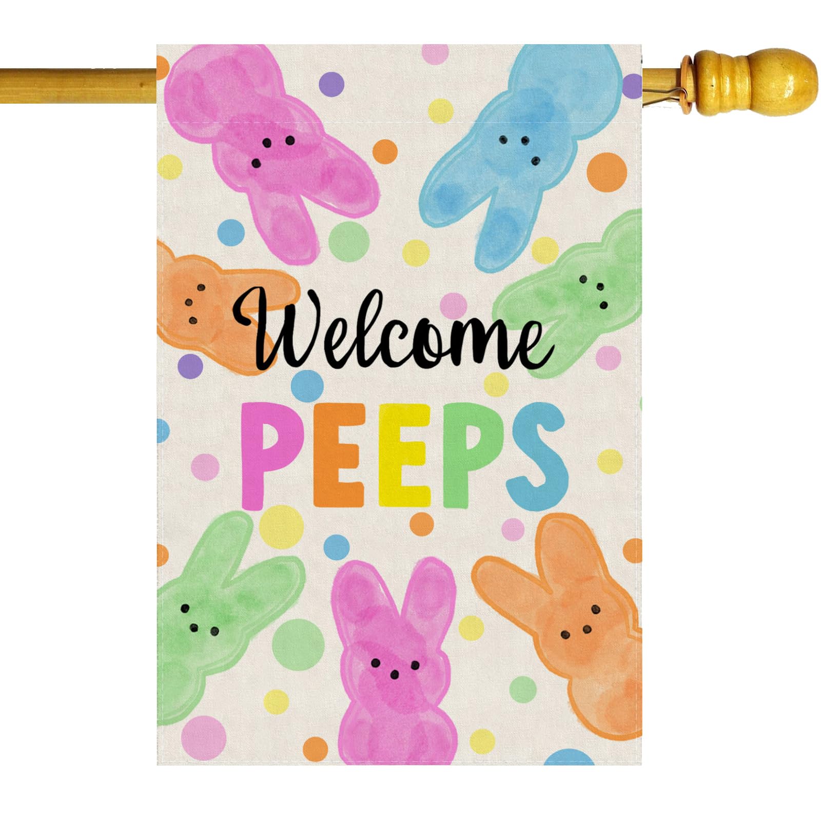 ZAEW Welcome Easter flag front view shows vibrant dots and bunnies for spring curb appeal.