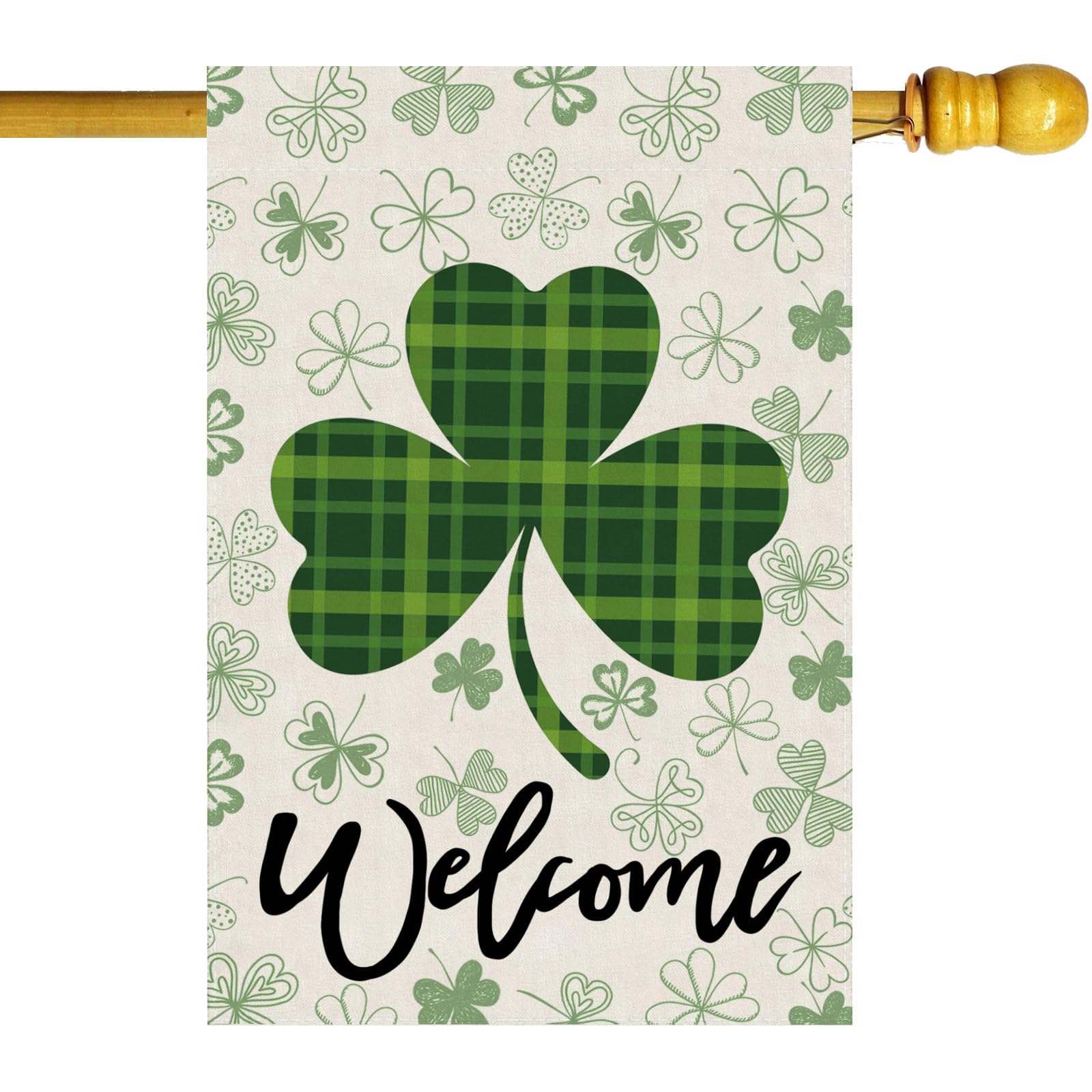 ZAEW Welcome St. Patrick's Day flag with green plaid shamrocks enhances outdoor curb appeal.
