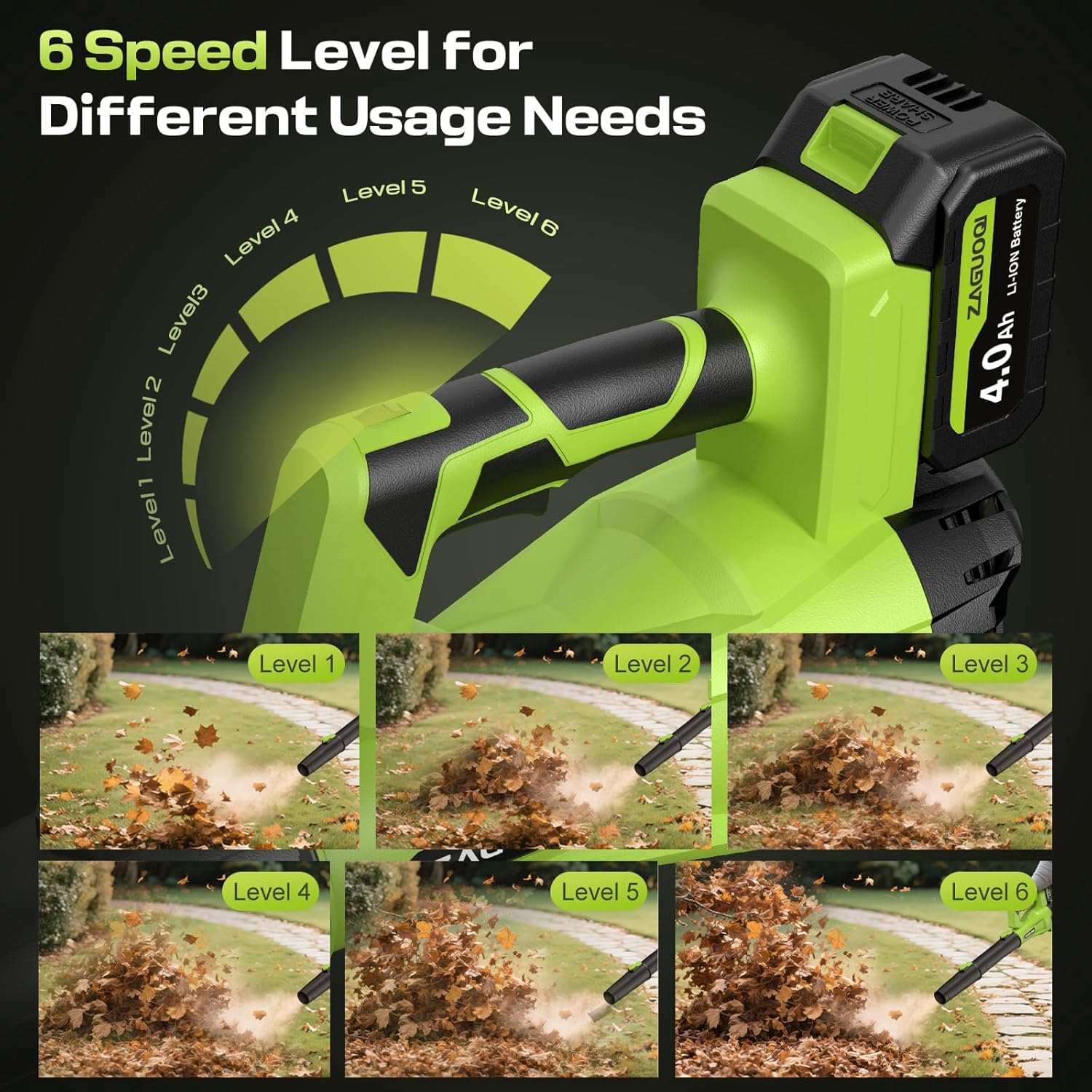 ZAGUOQI blower in use on a driveway blowing leaves.