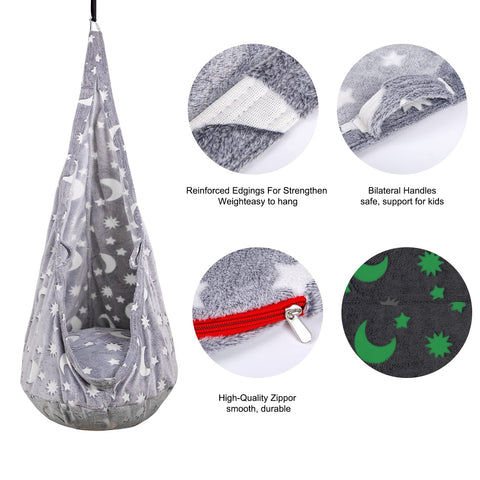 ZAIXIA Glow in the Dark pod swing adds magical ambiance after lights out.