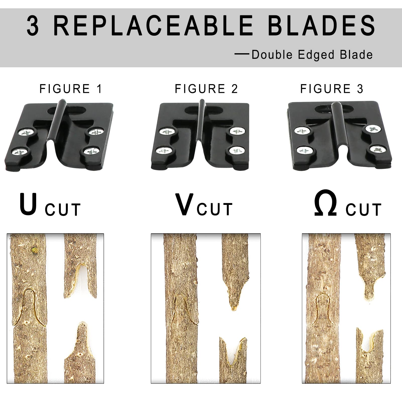 Zalalova omega-cut, u-cut, v-cut blades enabling versatile branch sizing.