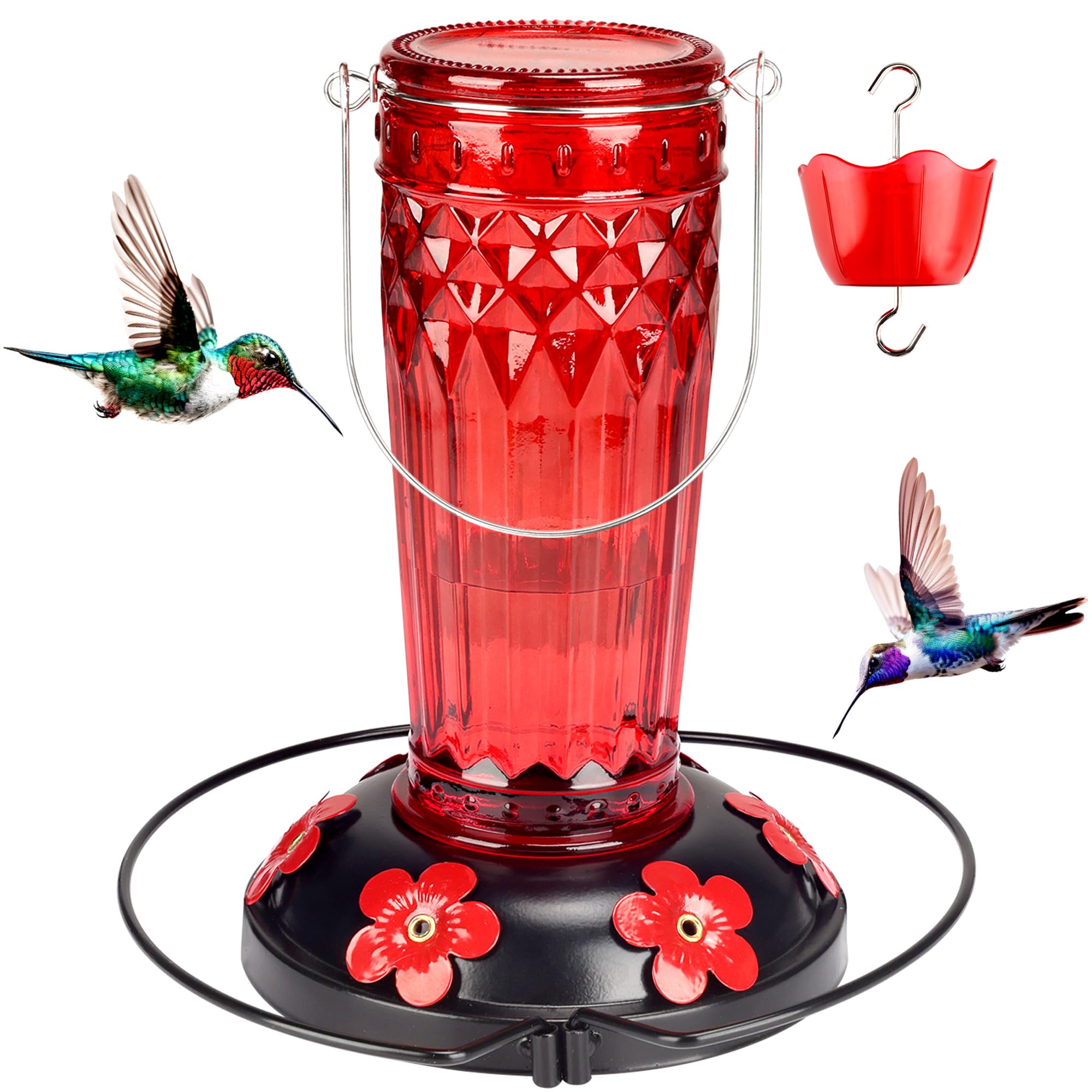Zamelane wide-mouth glass hummingbird feeder with 16 oz capacity for easy filling.