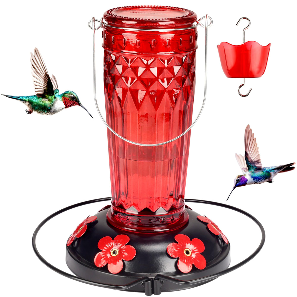 Zamelane wide-mouth glass hummingbird feeder with 16 oz capacity for easy filling.