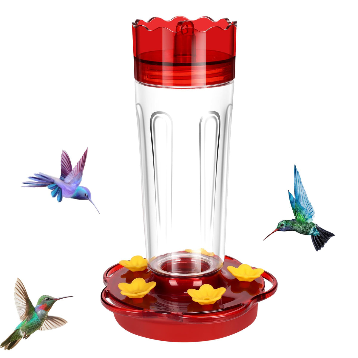 Zamelane red hummingbird feeder with 15 oz capacity attracting birds.