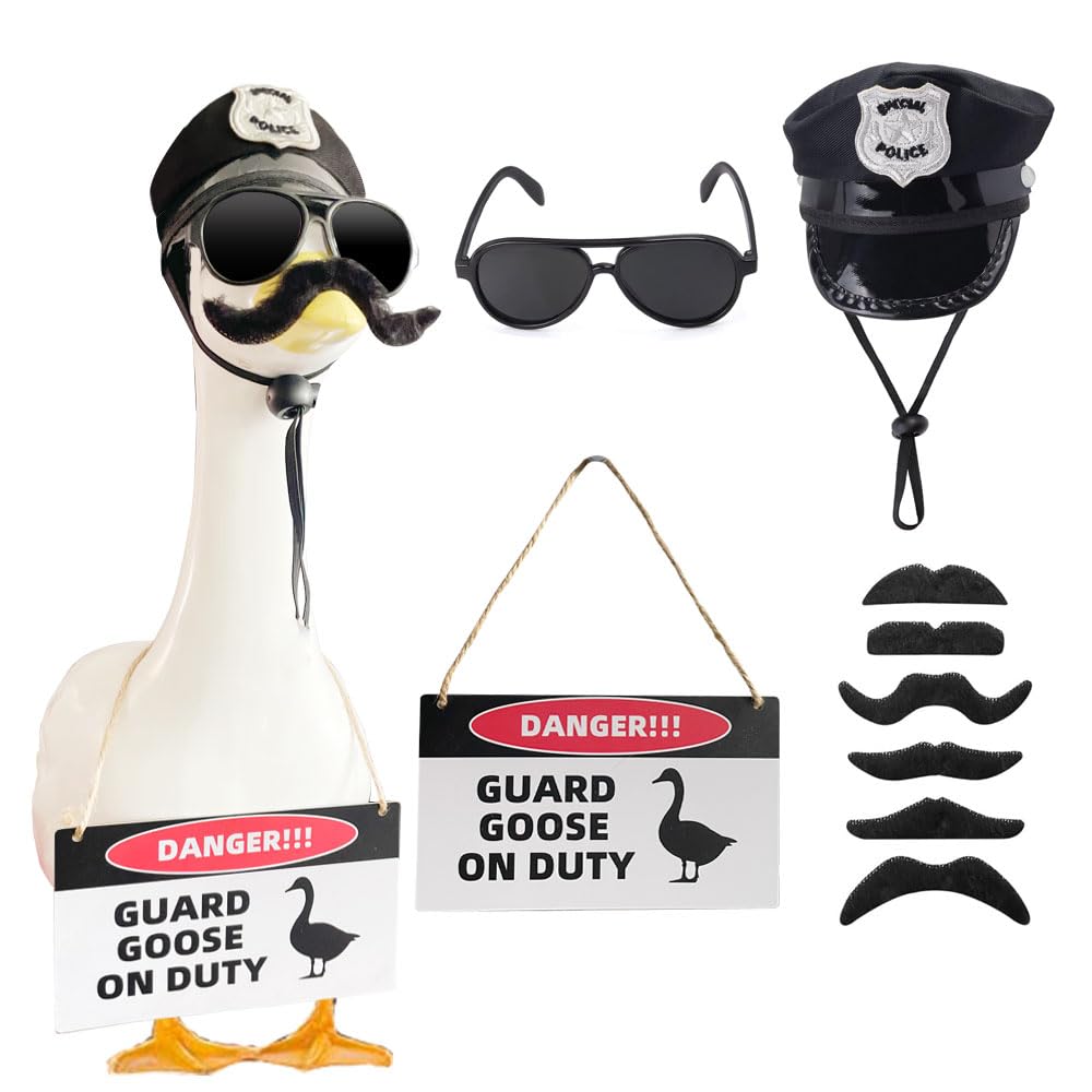 ZANOLY goose outfit with police hat on porch goose for charming curb appeal.