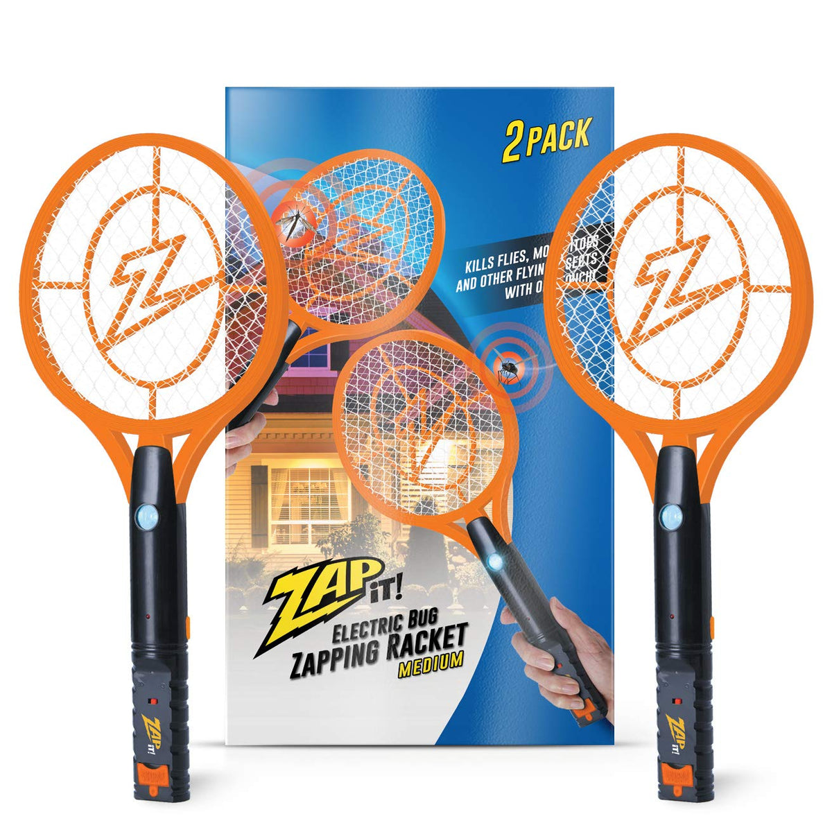 Zap It! 2-pack electric fly swatter racket for quick outdoor pest control.