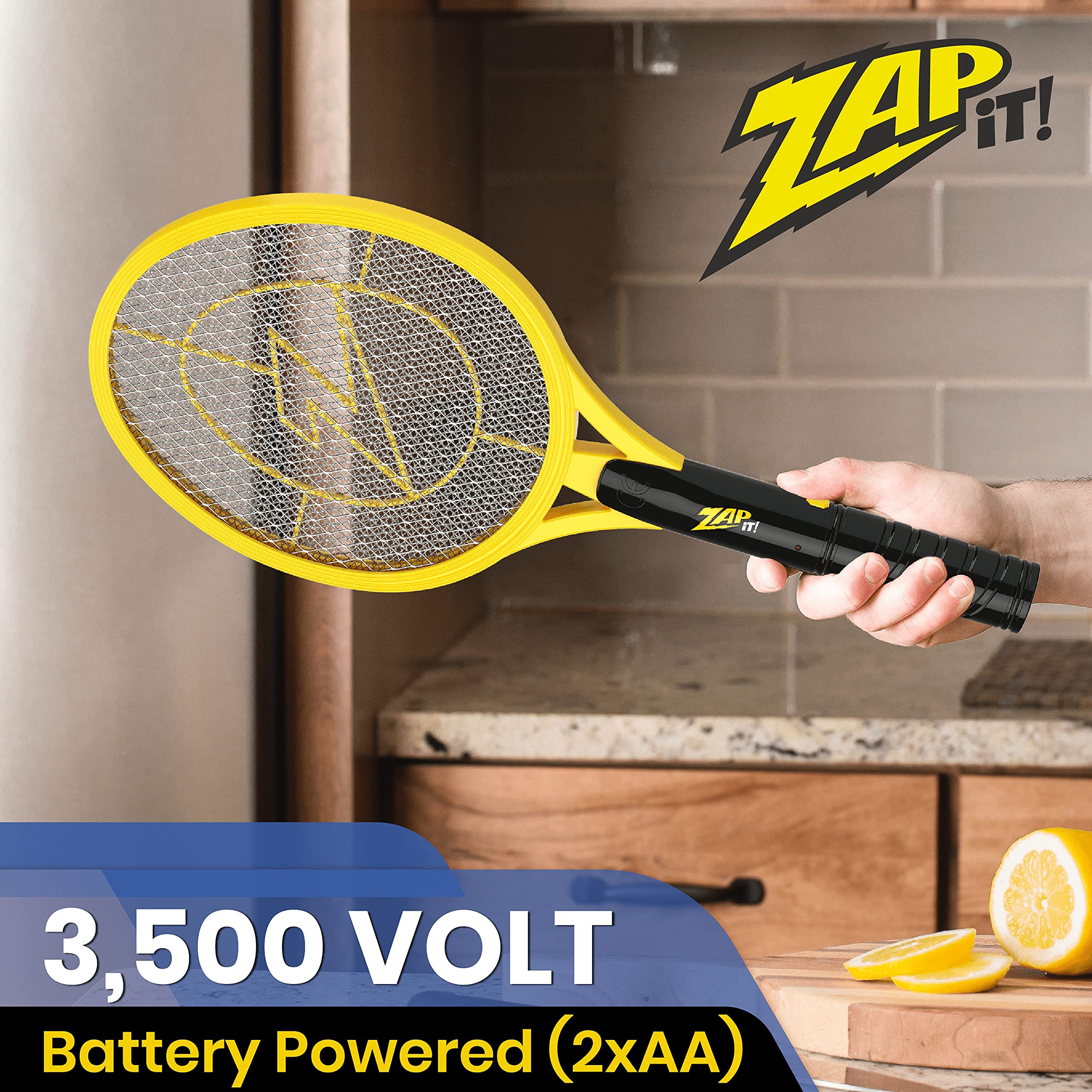 Zap It Bug Zapper Racket back view highlighting activation button and safety features.
